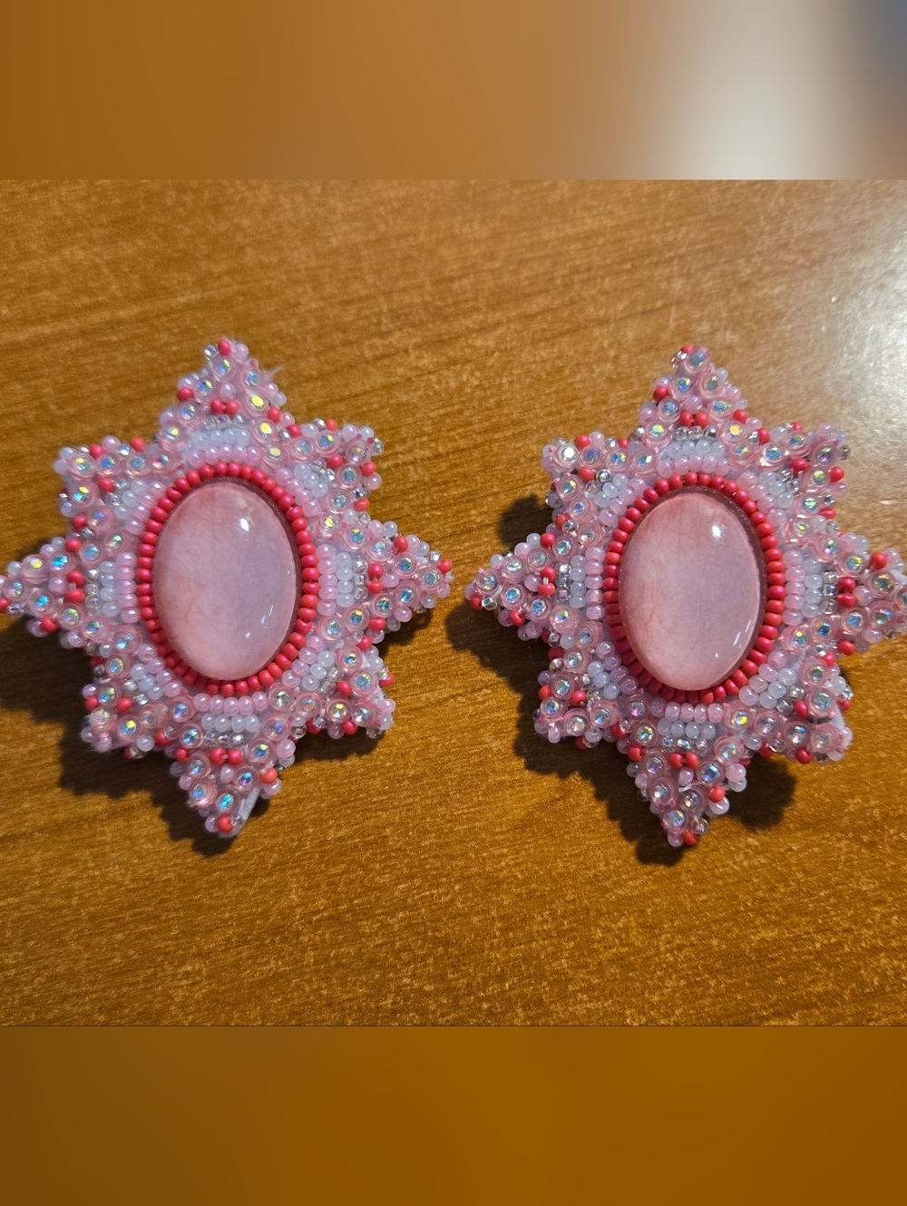 Handmade Pink Beaded Star Statement Earrings